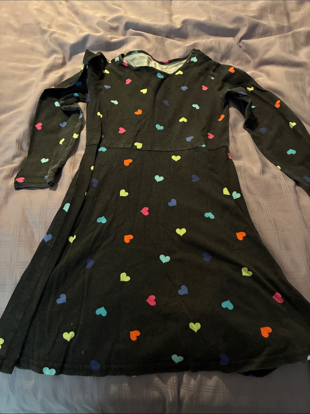 Girls Black Long-Sleeve Heart Print A-Line Dress